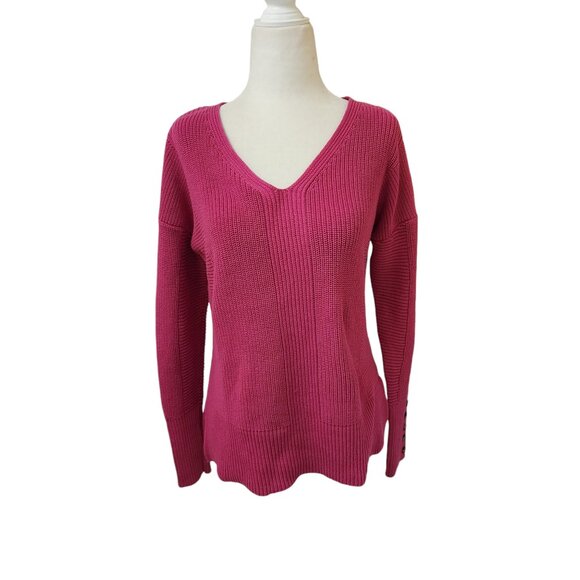 Rachel Zoe Pink Cotton Blend Ribbed Knit V-Neck Sweater Women's Small - Picture 1 of 8